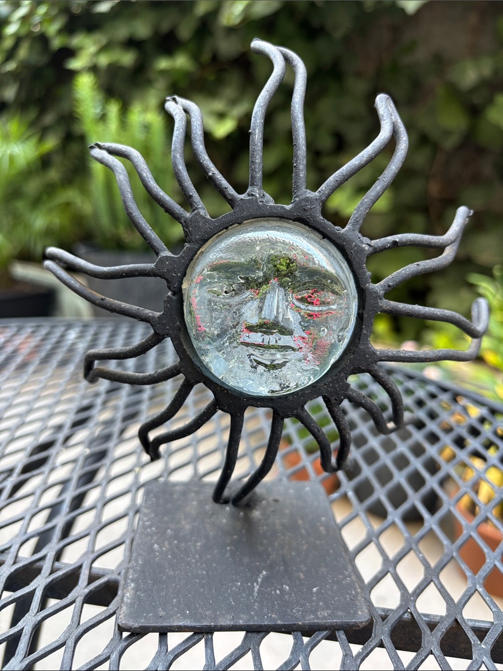 Sun Face Metal Art Tealight Holder in Black Wrought Iron with Glass Center